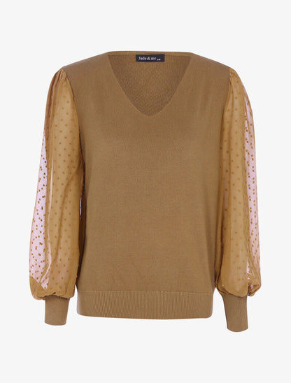 Pull à manches en voile et détails en relief - camel - 1