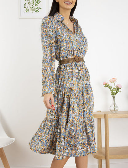 Robe légère cintrée à petites fleurs - bleu - 1