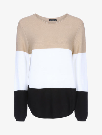 Pull en maille tricolore - camel/écru/noir - 1