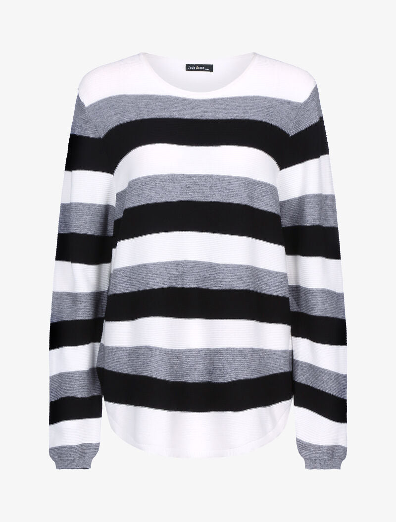 Pull en maille à bandes tricolores - écru/gris foncé/noir - 1