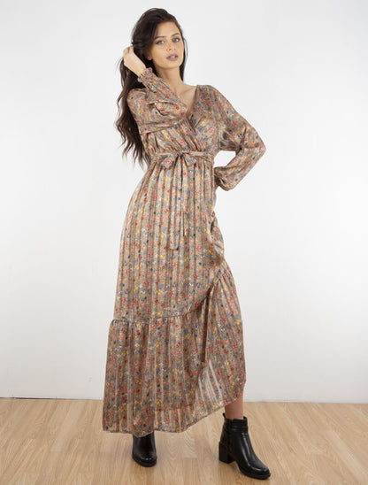 Robe longue cache-coeur imprimé fleurs de champs - taupe - 1