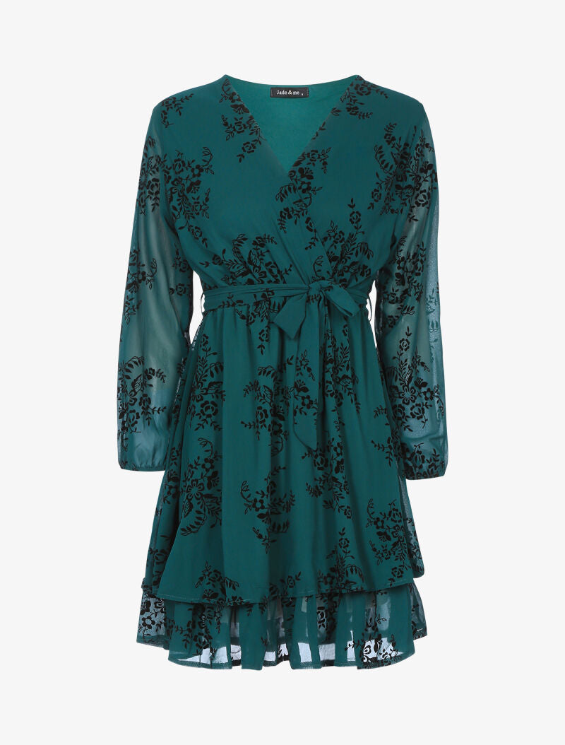 Robe patineuse effet velours et fleurs graphiques - vert foncé - 3