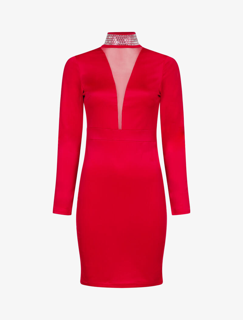 Robe à col montant strassé - rouge - 2