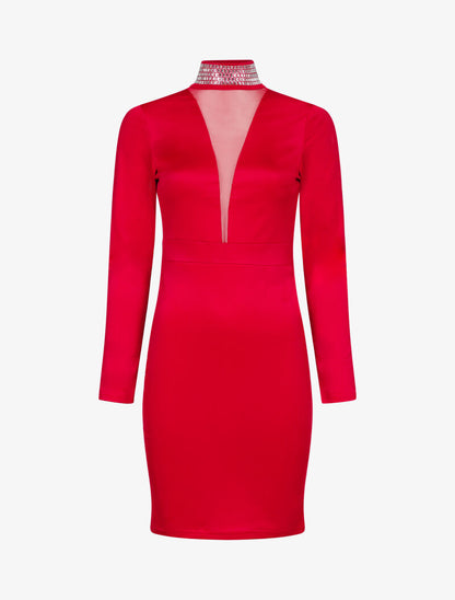 Robe à col montant strassé - rouge - 2