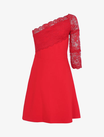 Robe à col asymétrique en dentelle - rouge - 2