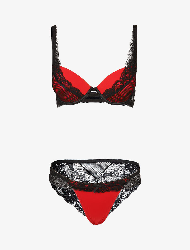 Ensemble satiné à empiècements résille et dentelle - noir/rouge - 1