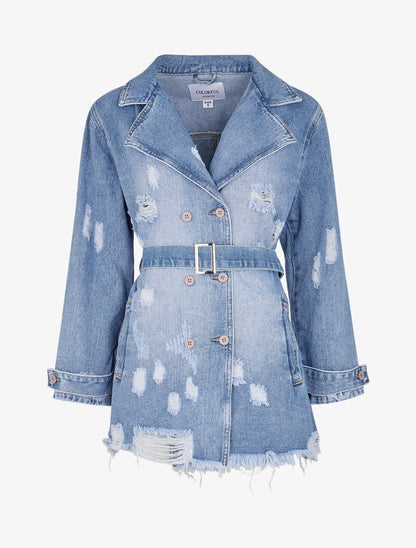 Veste en jean destroy et ceinturée - bleu denim - 3