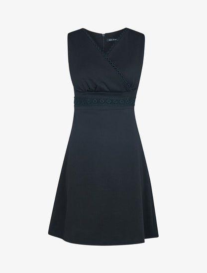 Robe unie à taille marquée à bande brodée - noir - 1