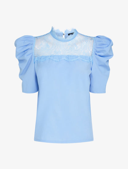 Top à détails dentelle et manches gigot - bleu ciel - 1