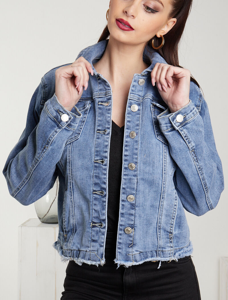 Vestes en jean à bord effiloché - bleu denim - 1