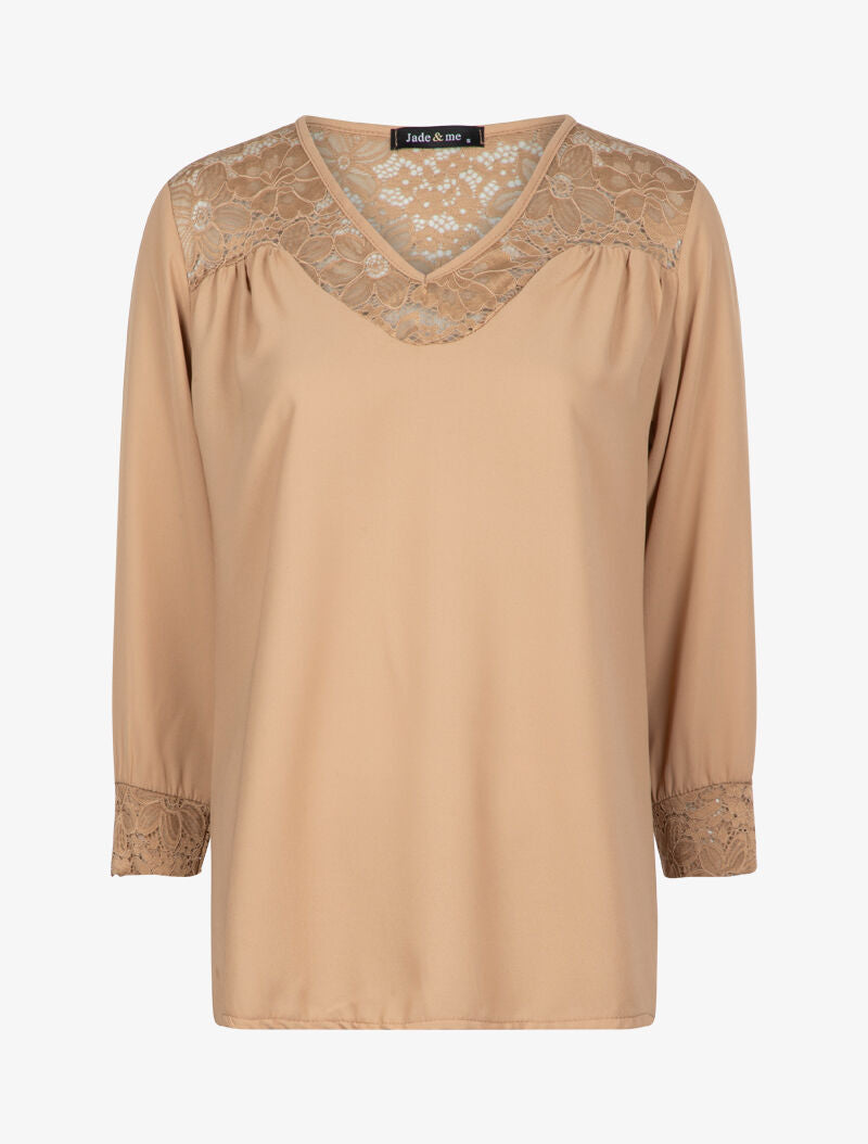 Blouse transparente à détails dentelle - camel - 1