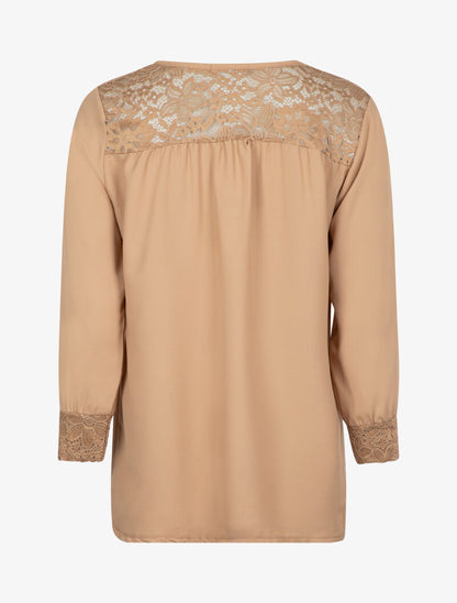Blouse transparente à détails dentelle - camel - 2