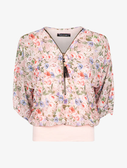 Top à imprimés et zip contrastant - rose - 1