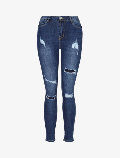 Jean skinny à déchirures doublées - bleu denim - 1