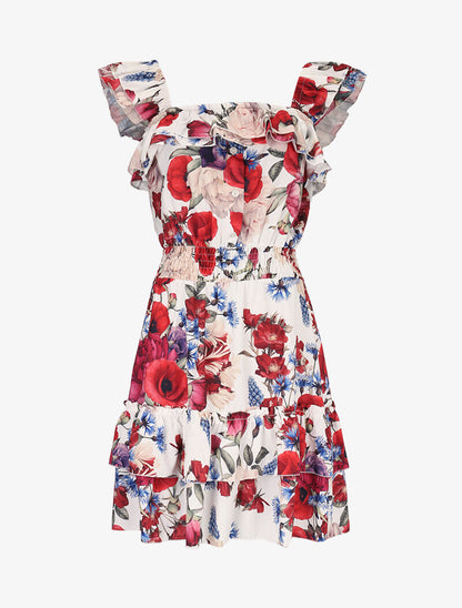 Robe fleurie à bretelles volantées - blanc - 1