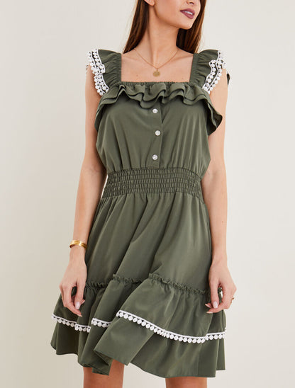 Robe unie à bretelles volantées - kaki - 4