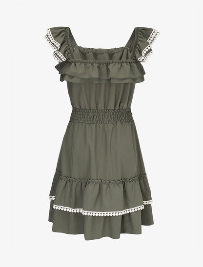 Robe unie à bretelles volantées - kaki - 3