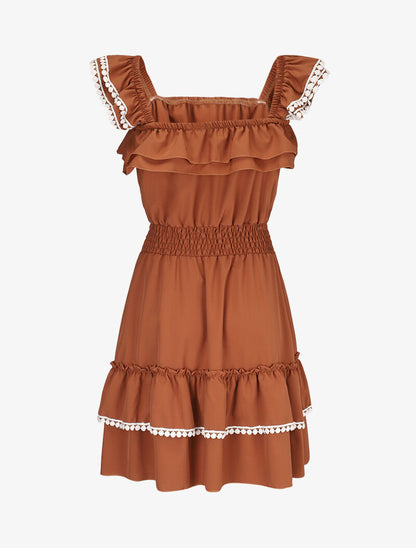 Robe unie à bretelles volantées - camel - 2