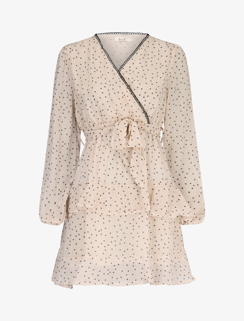 Robe courte à volants superposés imprimé pois - beige - 1