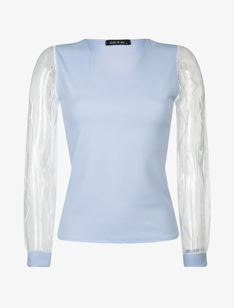 Top uni à manches en tulle - bleu ciel - 1