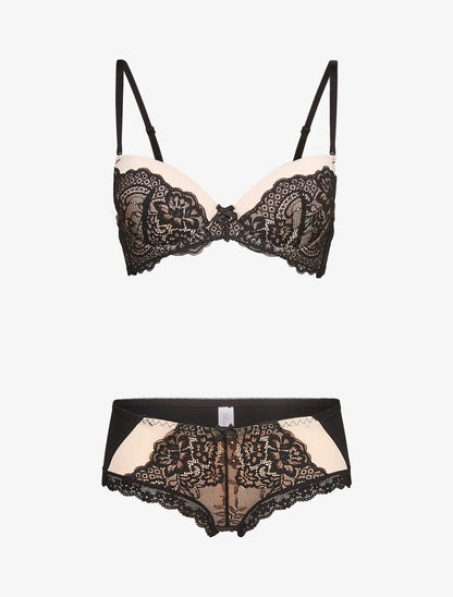 Ensembles en dentelle à shorty ajouré - nude/noir - 1