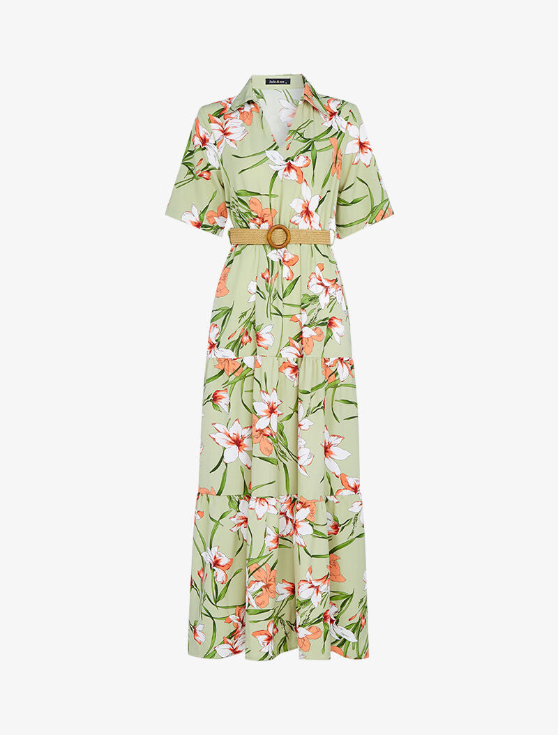 Robe longue à basques imprimé grandes fleurs - vert amande - 3