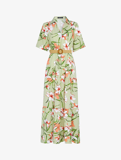 Robe longue à basques imprimé grandes fleurs - vert amande - 3