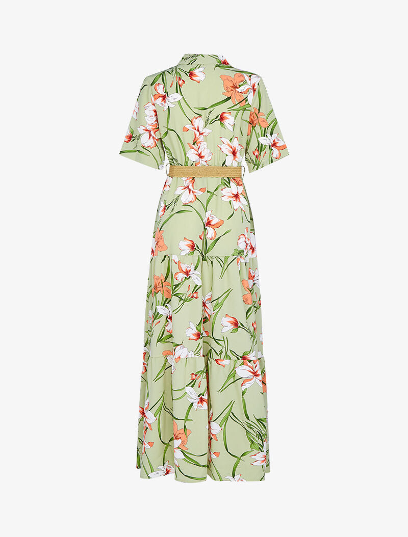 Robe longue à basques imprimé grandes fleurs - vert amande - 2
