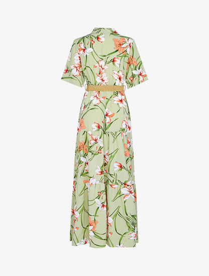 Robe longue à basques imprimé grandes fleurs - vert amande - 2