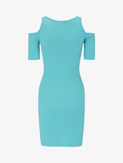 Robe côtelée à épaules nues - turquoise - 3