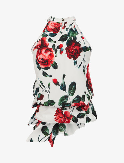 Blouse imprimé roses à taille à nouer - rouge - 2