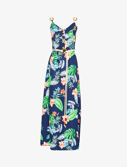 Robe longue imprimée à bretelles en cordelettes - marine - 2