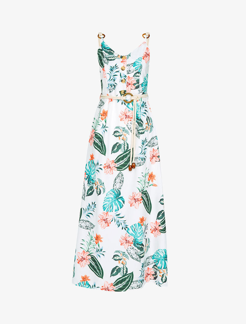 Robe longue imprimée à bretelles en cordelettes - ecru - 3