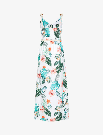 Robe longue imprimée à bretelles en cordelettes - ecru - 2