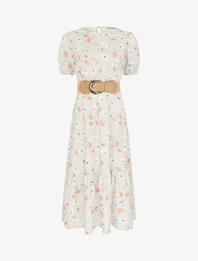 Robe fleurie à manches ballon - beige - 1