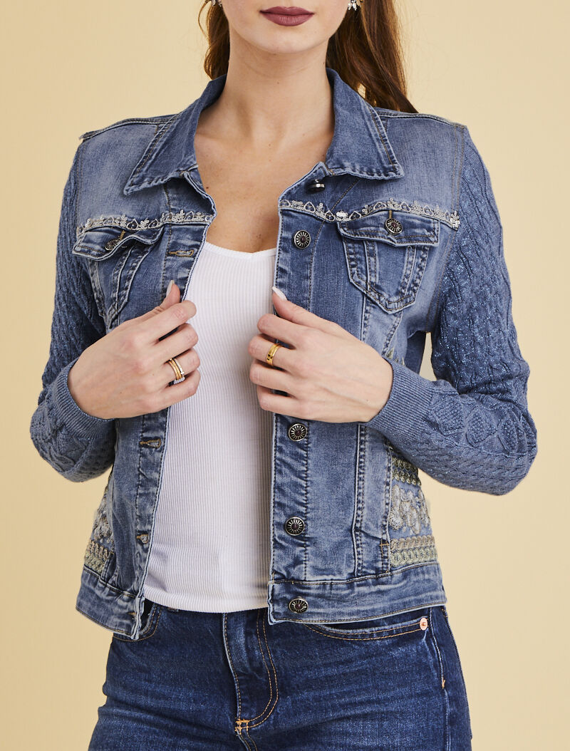 Veste en jean brodée à manches contrastantes - bleu denim - 1