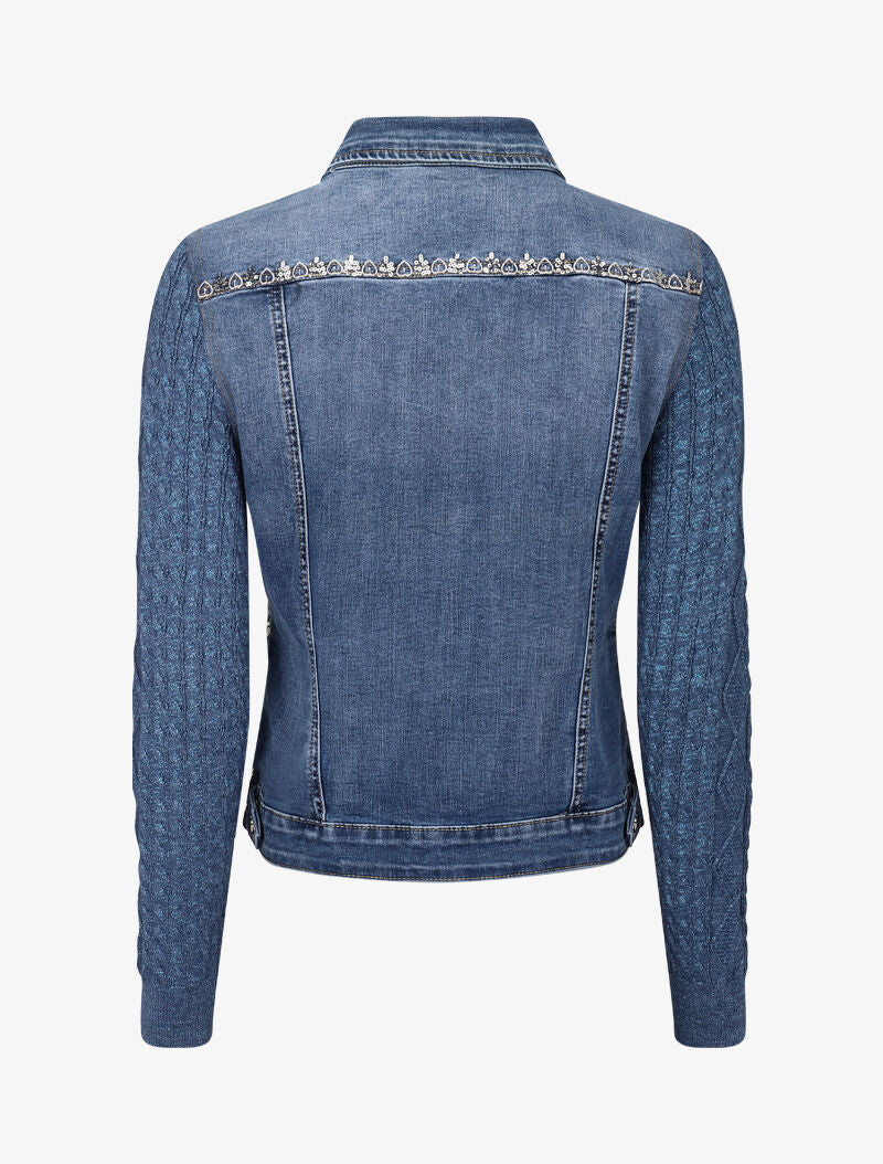 Veste en jean brodée à manches contrastantes - bleu denim - 3