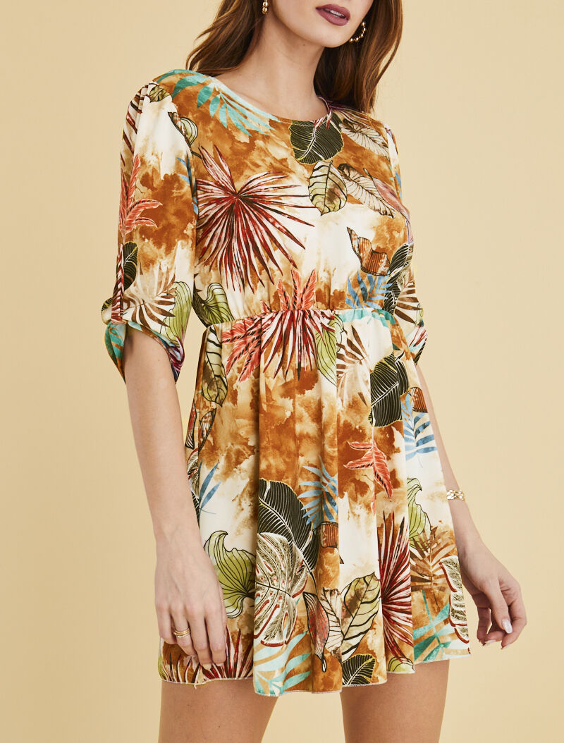 Tunique coupe patineuse imprimé feuilles graphiques - camel - 4