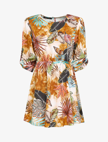 Tunique coupe patineuse imprimé feuilles graphiques - camel - 2