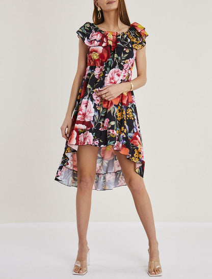 Robe imprimée à volants - noir - 1