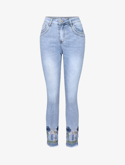 Jean effet froissé à fleurs brodées - bleu denim - 3