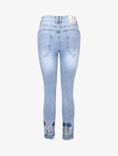 Jean effet froissé à fleurs brodées - bleu denim - 4