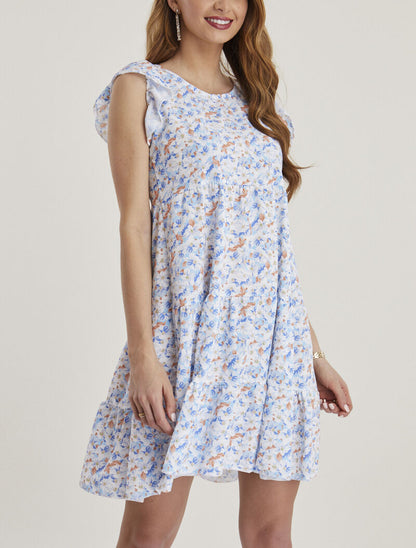 Robe trapèze à épaules volantées - bleu - 1