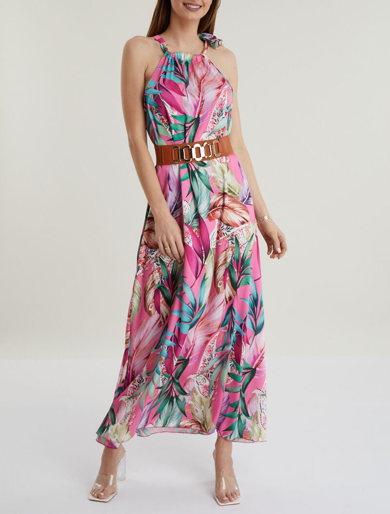 Robe longue satinée à imprimé tropical - fushia - 3