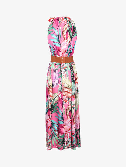 Robe longue satinée à imprimé tropical - fushia - 2