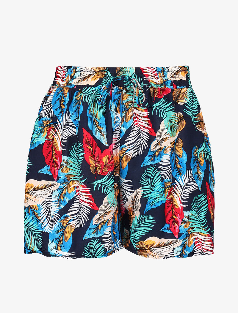 Short fluide imprimé feuilles colorées - marine - 1