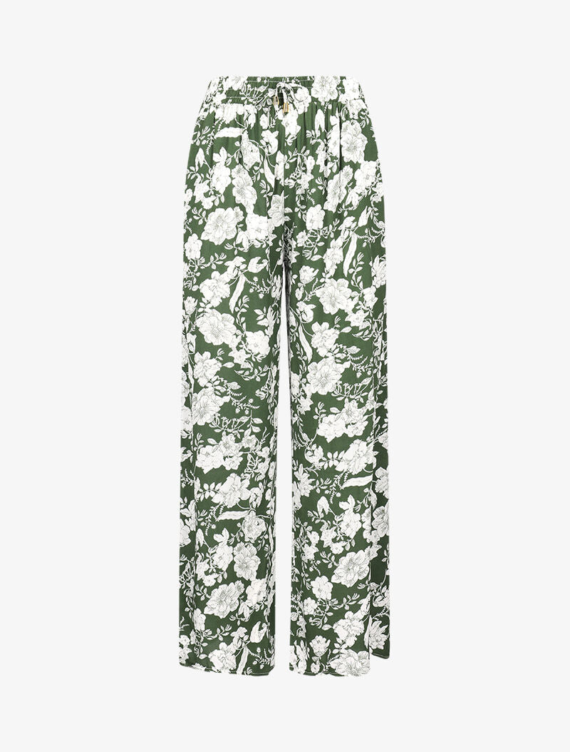 Pantalon fluide à imprimé fleurs contrastantes - vert - 1