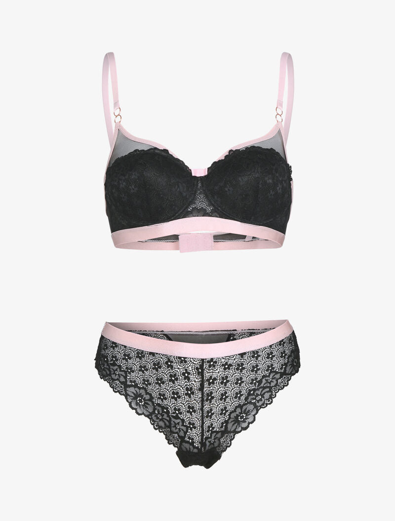 Ensemble dentelle et bandes contrastées - noir - 1