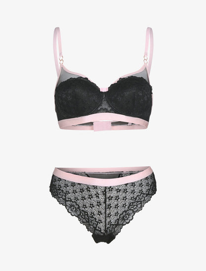 Ensemble dentelle et bandes contrastées - noir - 1