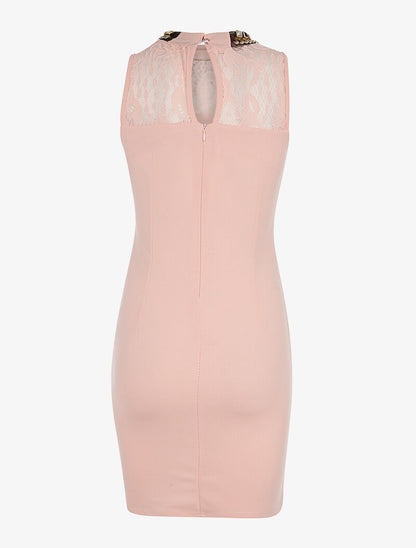 Robe dentelle et col bijoux - rose - 2